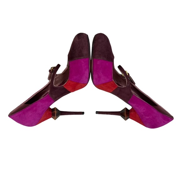 Miu Miu Colorblock Suede Mary Jane Heels Size 37 Sculptural Heel Designer Pink - Picture 4 of 11